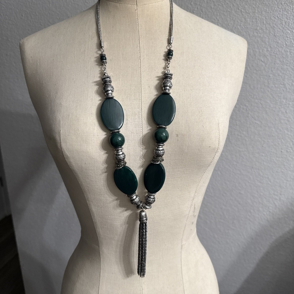 Chico's Kendyl Green and Silver Tassel Bali-Style Statement Necklace